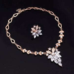 Fashion Diamond-shape Leaves Flowers Necklaces Rings Jewelry 2 PCS Set for Women (White)