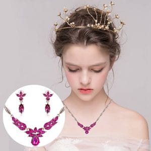 Wreath Diamond-shape Necklace Earrings Ladies Innovative Novel Fashion Jewelry Set (Rose Red)