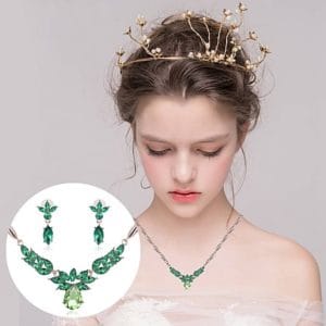 Wreath Diamond-shape Necklace Earrings Ladies Innovative Novel Fashion Jewelry Set (Green)