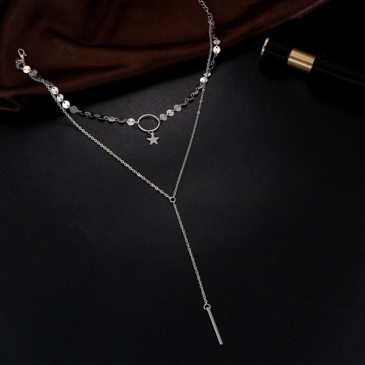 handmade sequins star tassels circle clavicle chain long pendant double layer chain (silver)