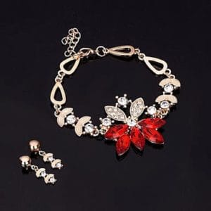 Fashion Diamond-shape Leaves Flowers Bracelets Earrings Jewelry 2 PCS Set for Women (Red)