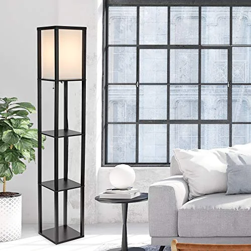 hometrends wood floor lamp with shelves and ivory linen shade, 63", black