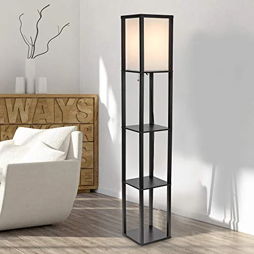 hometrends wood floor lamp with shelves and ivory linen shade, 63", black