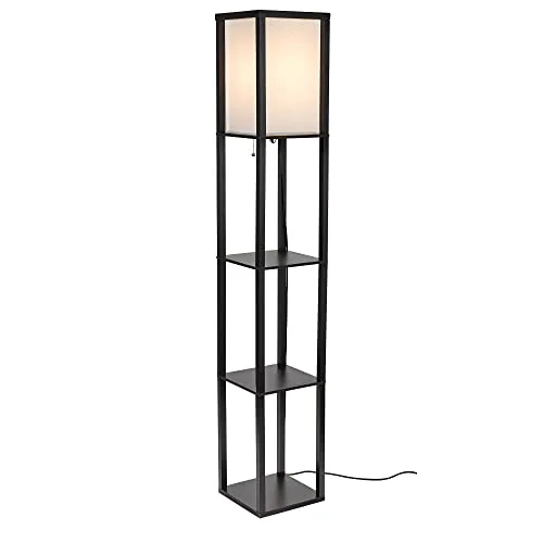 hometrends wood floor lamp with shelves and ivory linen shade, 63", black