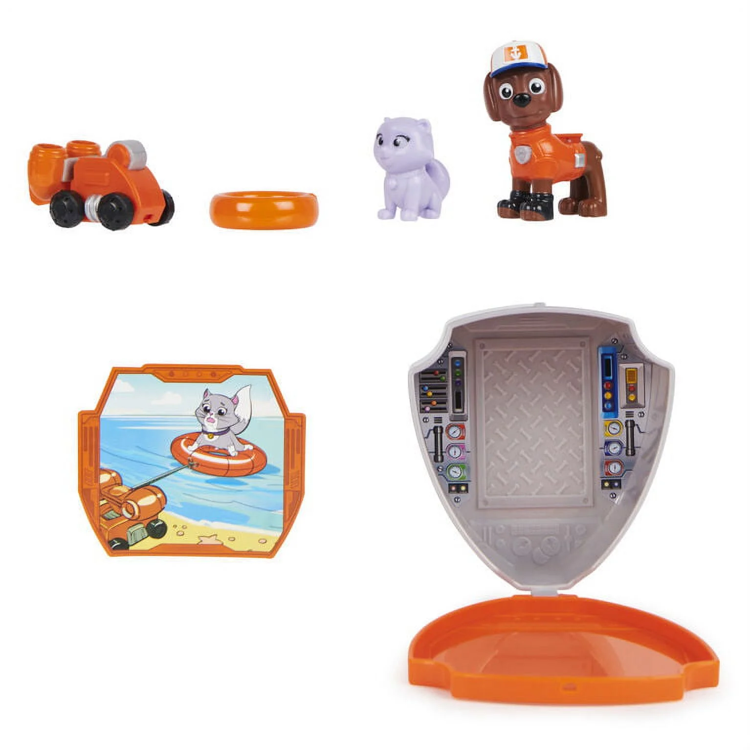 paw patrol, big truck pups zuma action figure with clip on rescue drone, command center pod and animal friend