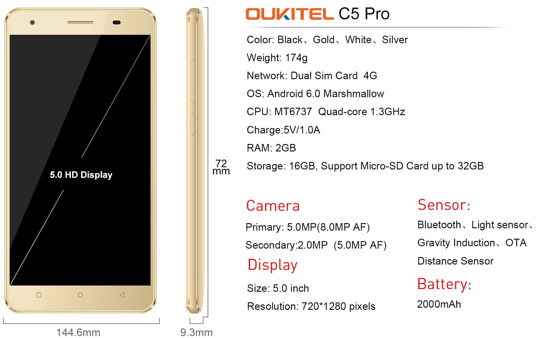 oukitel c5 pro, 2gb+16gb (gold)
