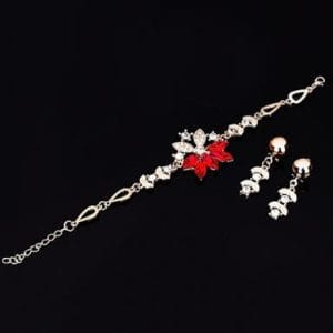 fashion diamond shape leaves flowers bracelets earrings jewelry 2 pcs set for women (red)