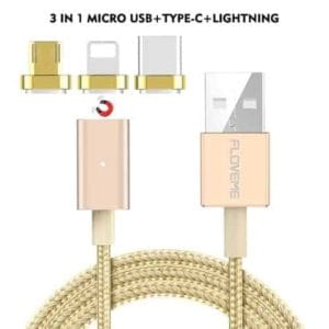 floveme 3 in 1 2.4a 1m nylon weave style 8 pin + micro usb + type c magnetic data sync charging cable (gold)