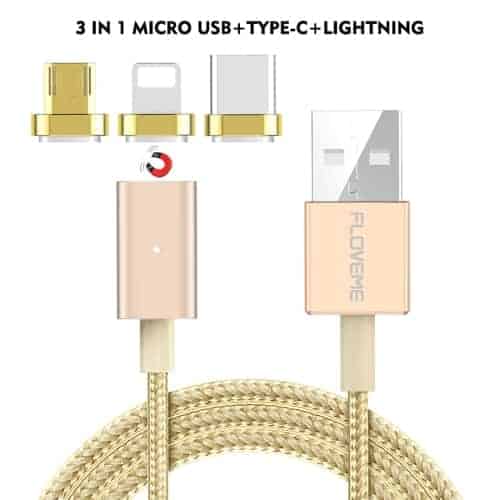 floveme 3 in 1 2.4a 1m nylon weave style 8 pin + micro usb + type c magnetic data sync charging cable (gold)