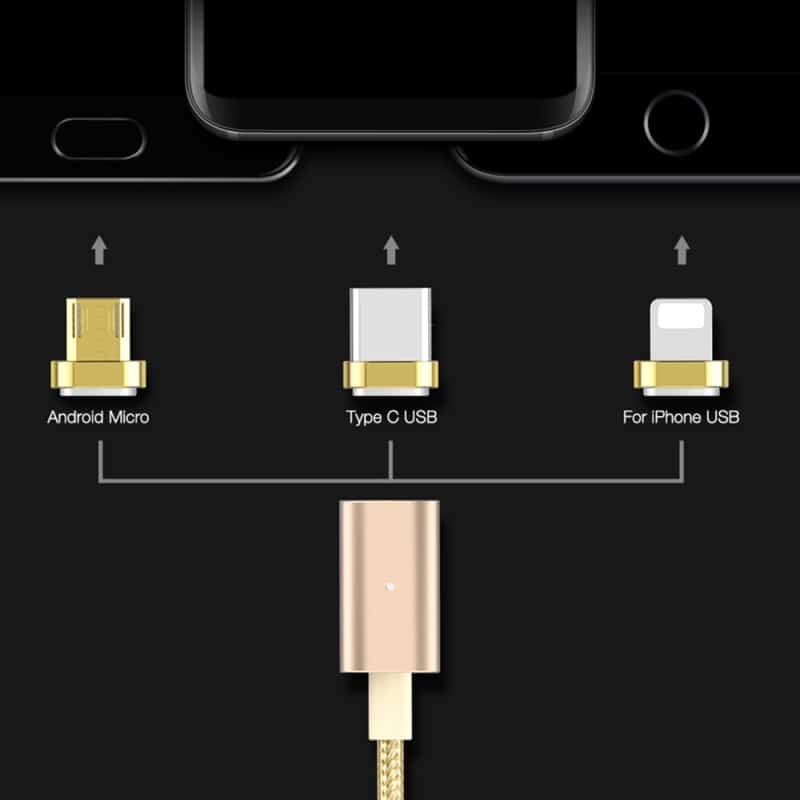 floveme 3 in 1 2.4a 1m nylon weave style 8 pin + micro usb + type c magnetic data sync charging cable (rose gold)