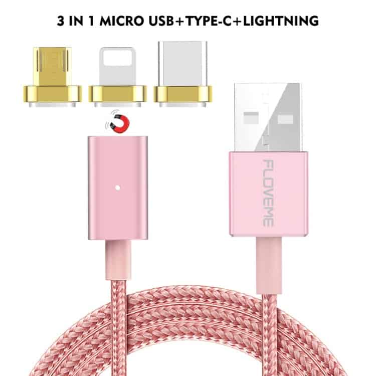 floveme 3 in 1 2.4a 1m nylon weave style 8 pin + micro usb + type c magnetic data sync charging cable (rose gold)