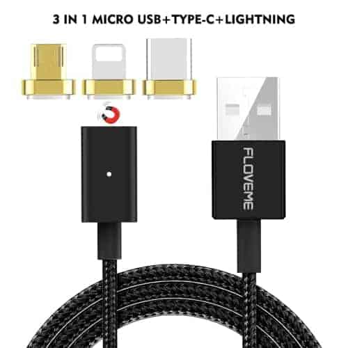 floveme 3 in 1 2.4a 1m nylon weave style 8 pin + micro usb + type c magnetic data sync charging cable (black)
