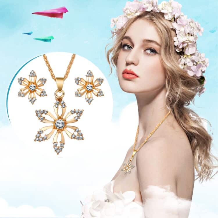 diamond shape flower bridal necklace earrings three piece (gold)