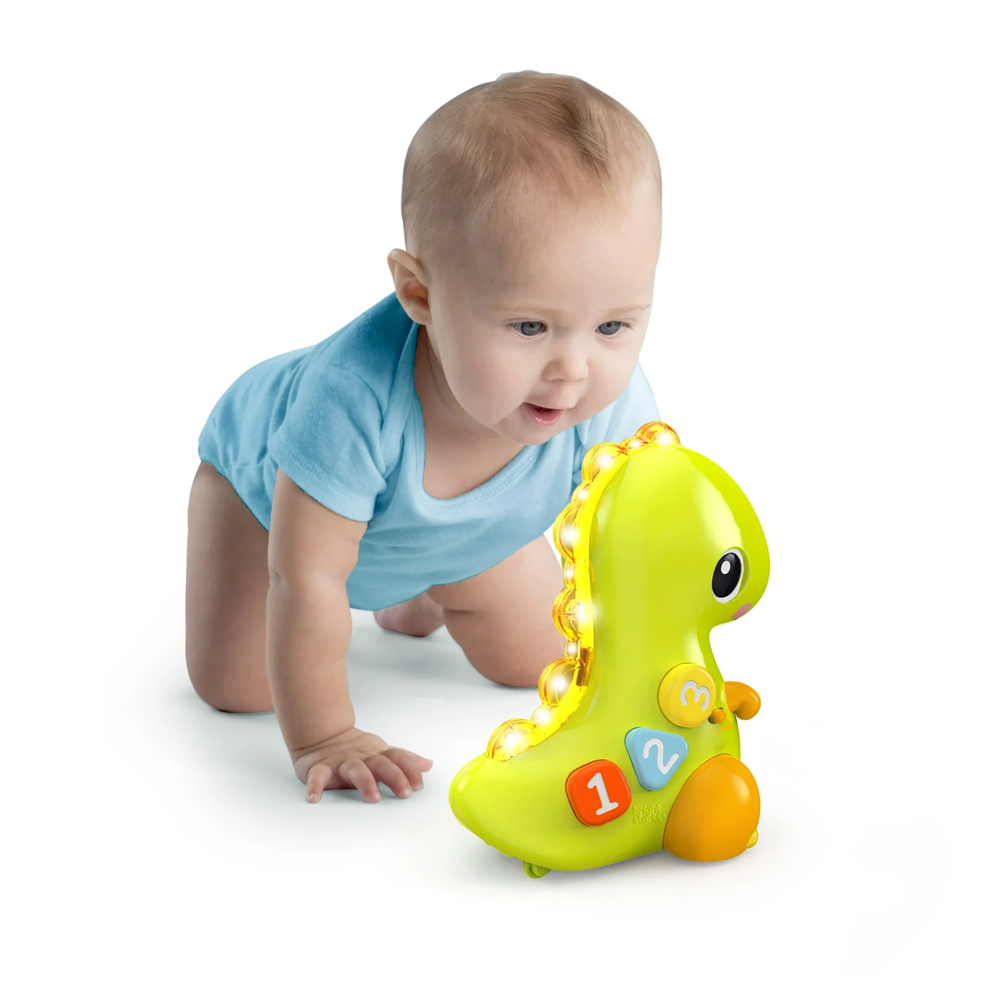bright starts go, go, dino crawl & count activity toy for infants rolls, lights up and plays music, unisex, ages 6 months+