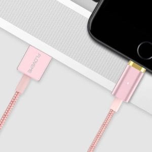 floveme 3 in 1 2.4a 1m nylon weave style 8 pin + micro usb + type c magnetic data sync charging cable (rose gold)