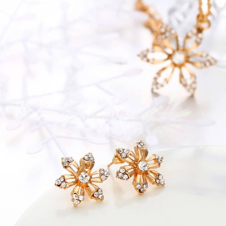 diamond shape flower bridal necklace earrings three piece (gold)