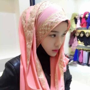 Hijab Scarf Sub Gold Rhinestones Female Long Folk Style (Pink)