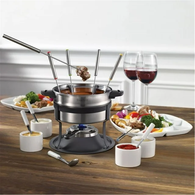 starfrit 3 in 1 fondue set with magnetic fork guide, 1.6 liter capacity, 19 pieces, stainless steel