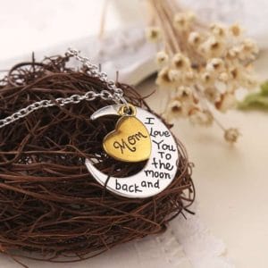 half moon shaped alloy plated pendant necklace with greetings engraved at the backside for family, diameter 3cm, perimeter 9.4cm (silver+gold)