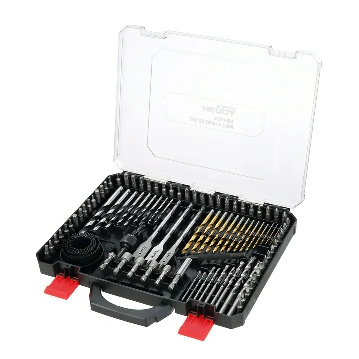 hyper tough 100 piece drill, screwdriver bits, and nut driver set, steel material, 100 count per pack