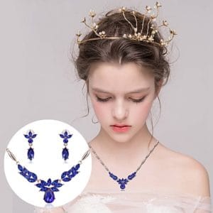 Wreath Diamond-shape Necklace Earrings Ladies Innovative Novel Fashion Jewelry Set (Blue)