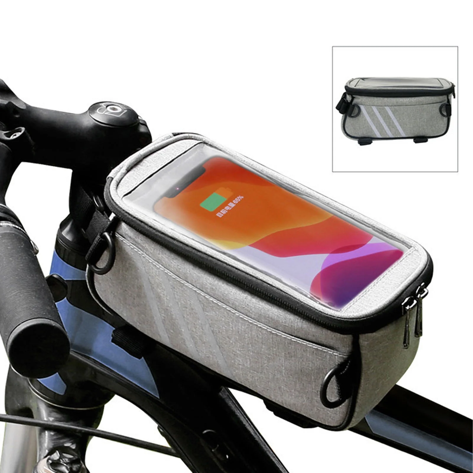 bike phone front frame bag, transparent grey bike phone pouch 600d frosted cloth high for cycling
