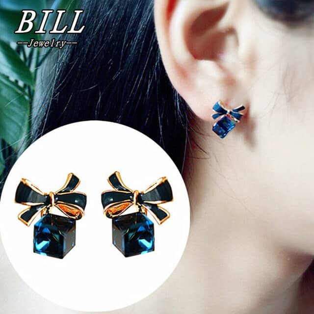 bow knot cubic crystal earrings rhinestone stud earrings for women(blue)