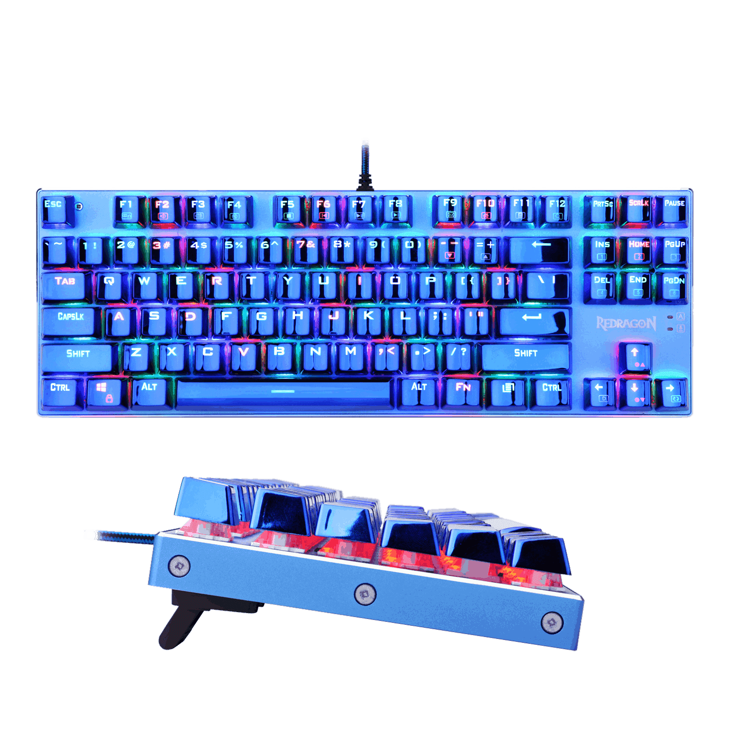redragon k566b rgb mechanical gaming keyboard, rgb backlit, blue switches, solid durable all aluminum construction, stylish metallic blue electroplated keys and base, 87 standard keys