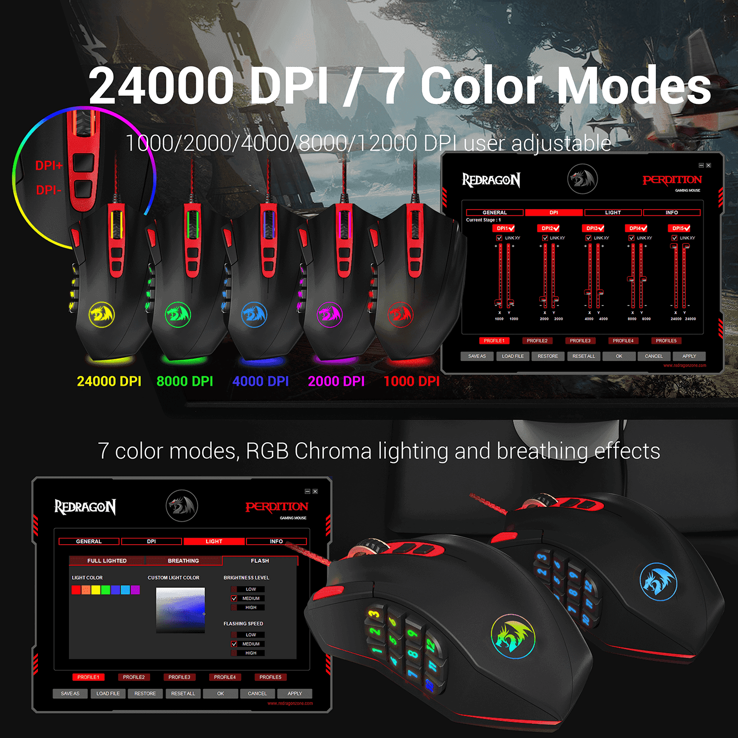 redragon m901 perdition 24000dpi mmo mouse led rgb wired gaming mouse(black)