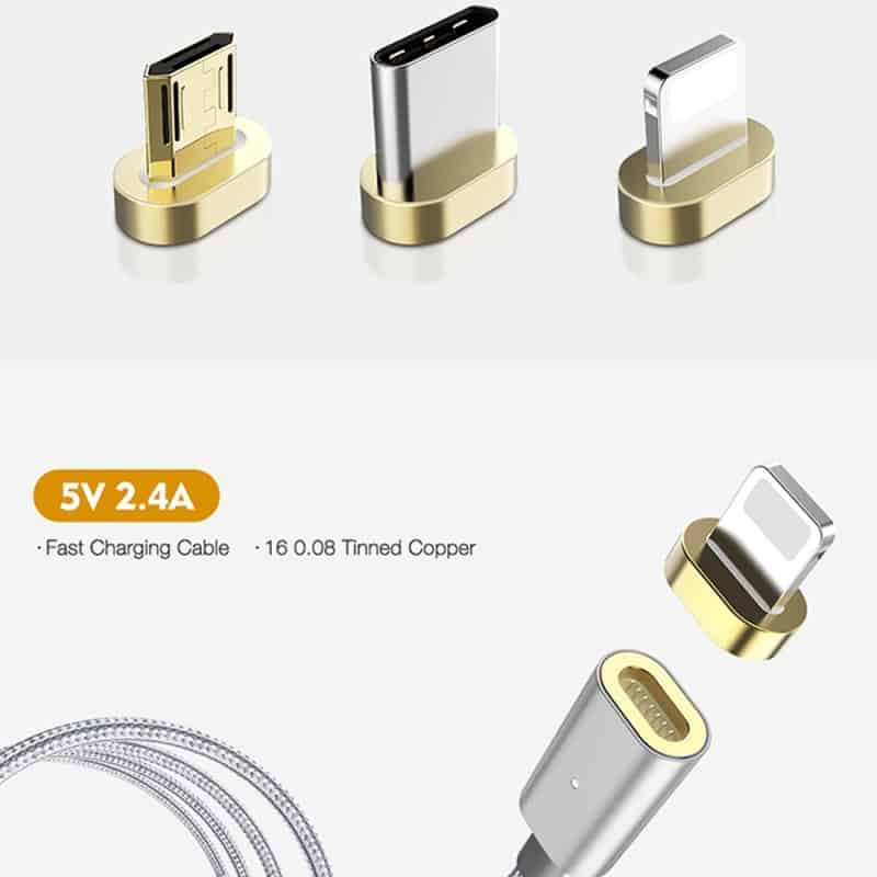 floveme 3 in 1 2.4a 1m nylon weave style 8 pin + micro usb + type c magnetic data sync charging cable (rose gold)