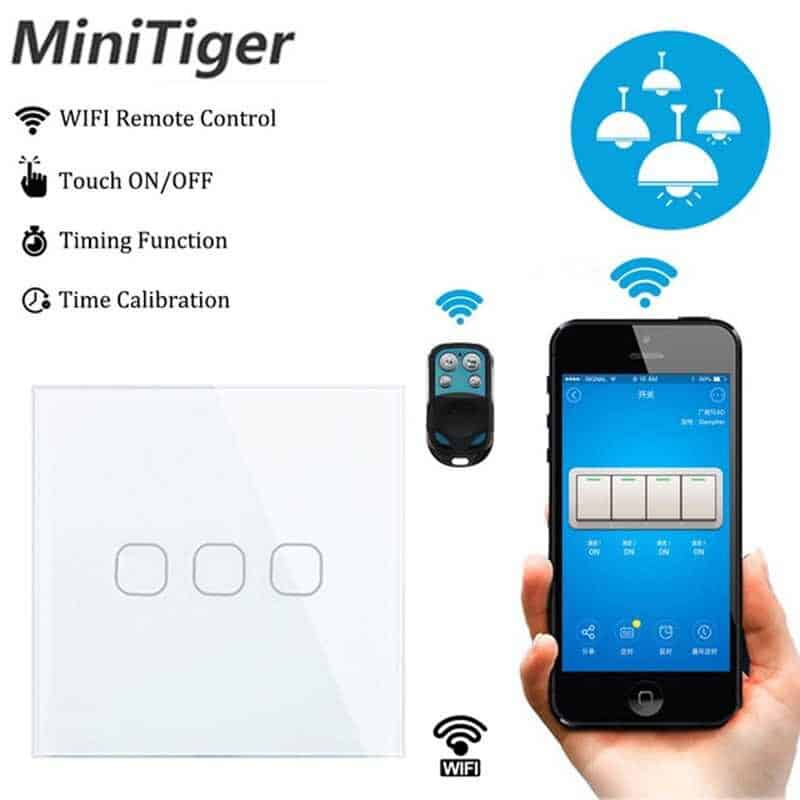 minitiger eu smart home wifi wall light touch switch 2 gang wifi/433 rf/app remote wifi light switch crystal glass panel color white