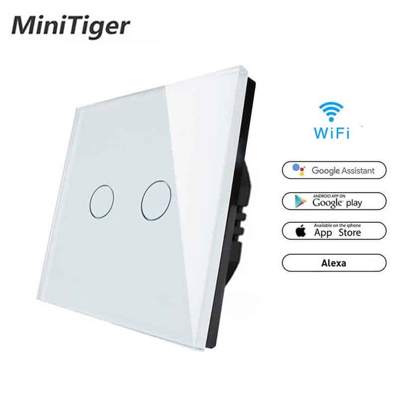 minitiger eu smart home wifi wall light touch switch 2 gang wifi/433 rf/app remote wifi light switch crystal glass panel color white