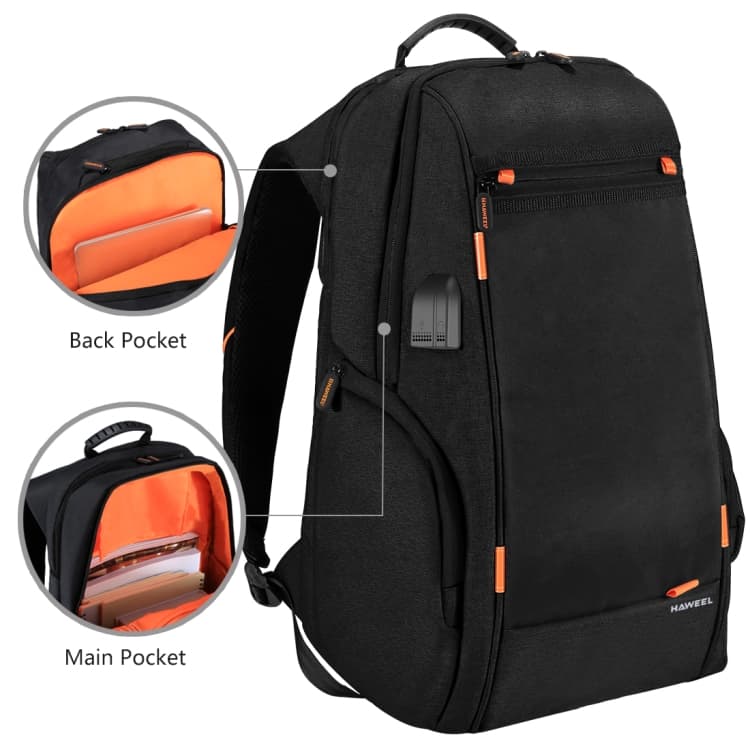 haweel multi function outdoor breathable comfortable casual backpack laptop bag with handle, external usb charging port & earphone port (black)