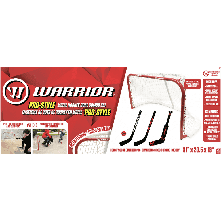 warrior pro mini metal hockey goal combo set 30" net 2 mini player 1 mini goalie stick and ball