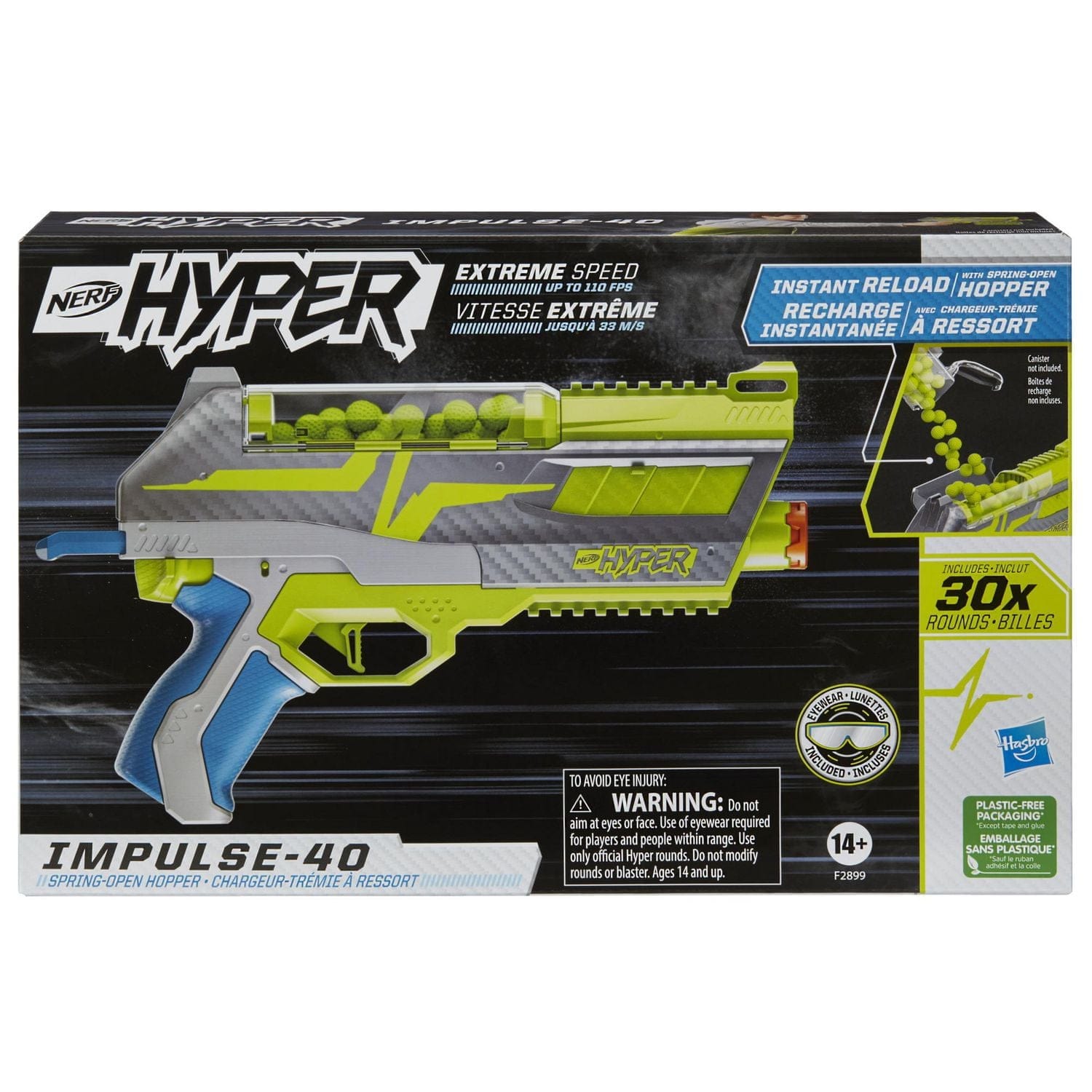 nerf hyper impulse 40 blaster, 30 nerf hyper rounds, spring open instant reload hopper, up to 110 fps velocity