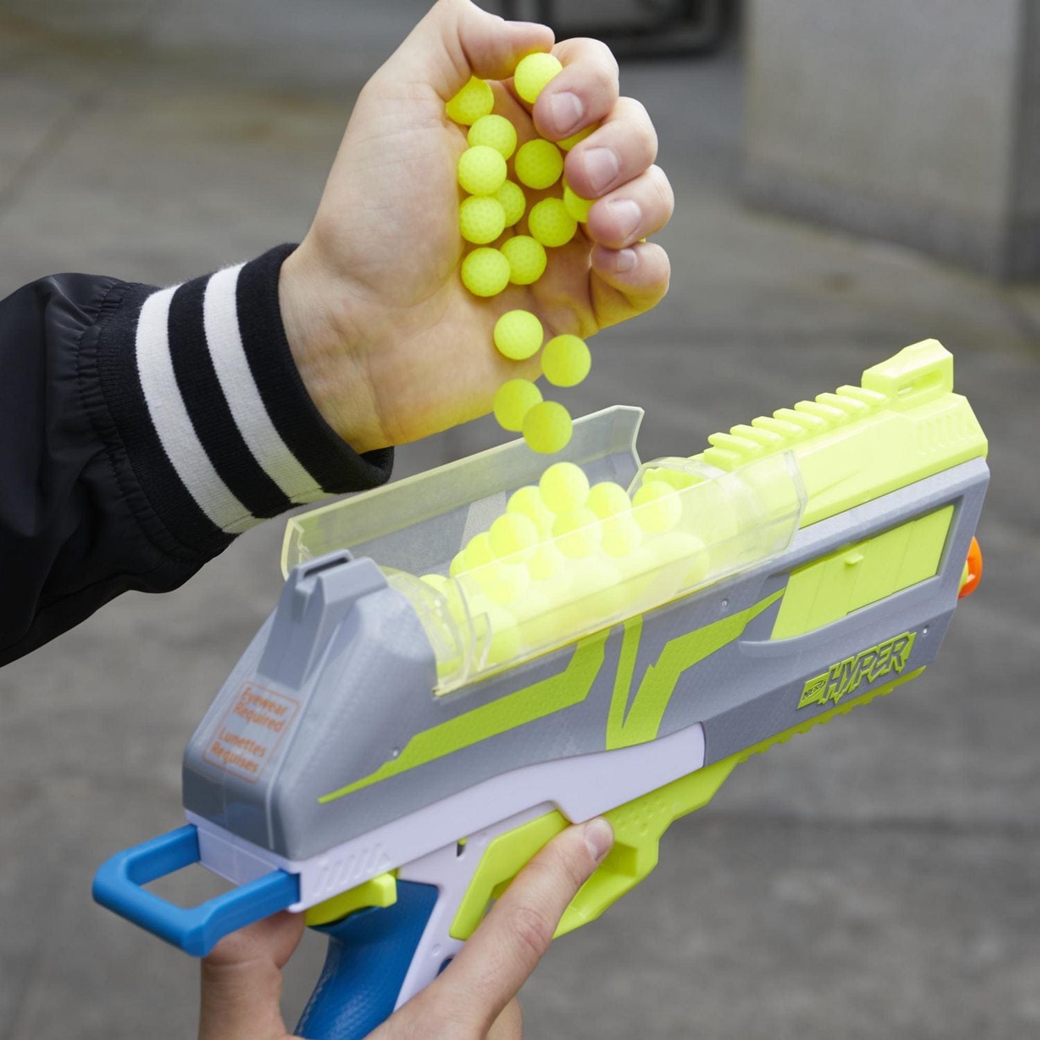 nerf hyper impulse 40 blaster, 30 nerf hyper rounds, spring open instant reload hopper, up to 110 fps velocity