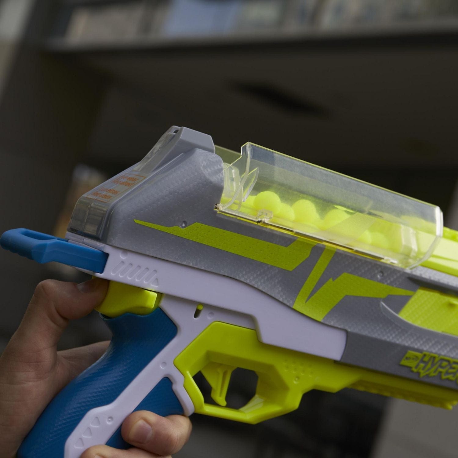 nerf hyper impulse 40 blaster, 30 nerf hyper rounds, spring open instant reload hopper, up to 110 fps velocity