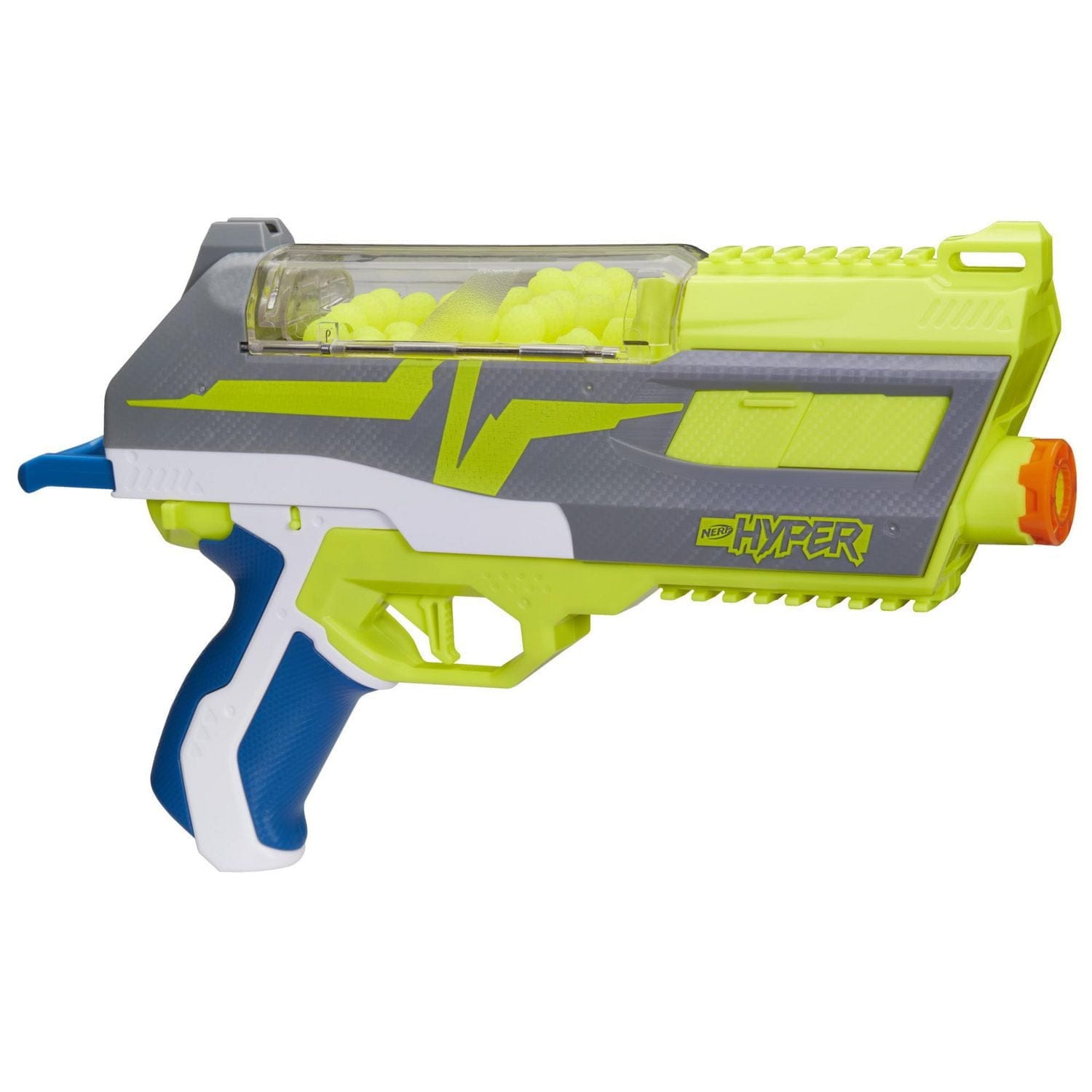 nerf hyper impulse 40 blaster, 30 nerf hyper rounds, spring open instant reload hopper, up to 110 fps velocity
