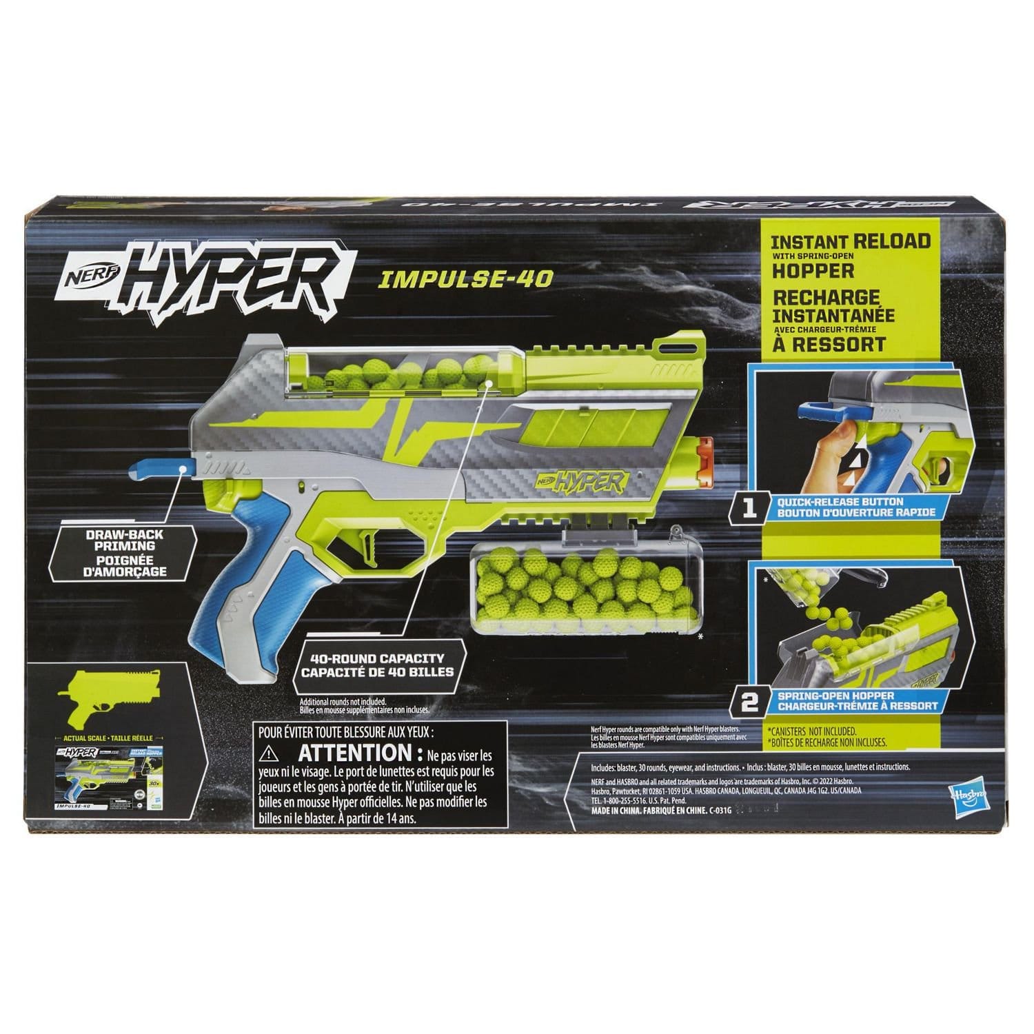 nerf hyper impulse 40 blaster, 30 nerf hyper rounds, spring open instant reload hopper, up to 110 fps velocity