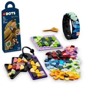 lego dots hogwarts accessories pack 41808, harry potter themed jewelry making kit with bracelet, 2 bag tags and stich on patch, diy craft toy set for kids