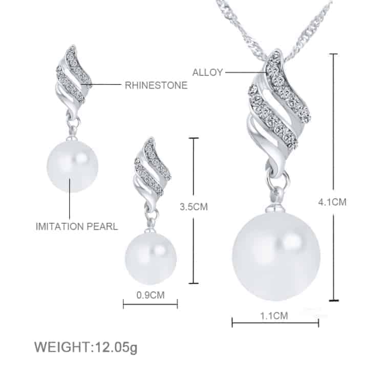 pearl and rhinestone pendant necklace and earrings (silver)