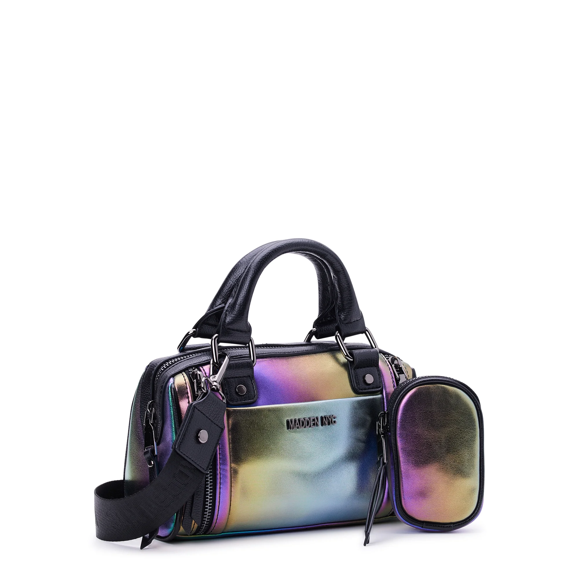 madden nyc women's multi zipper barrel handbag oil slick