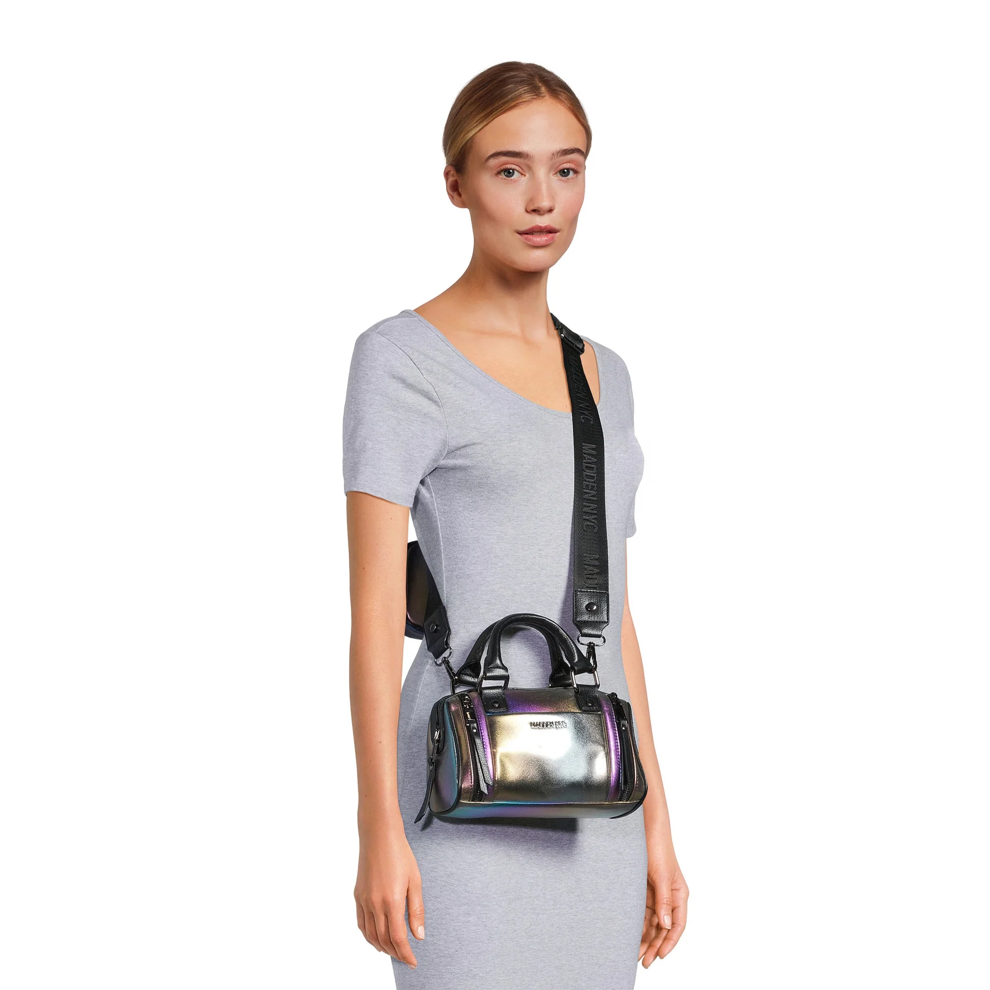 madden nyc women's multi zipper barrel handbag oil slick