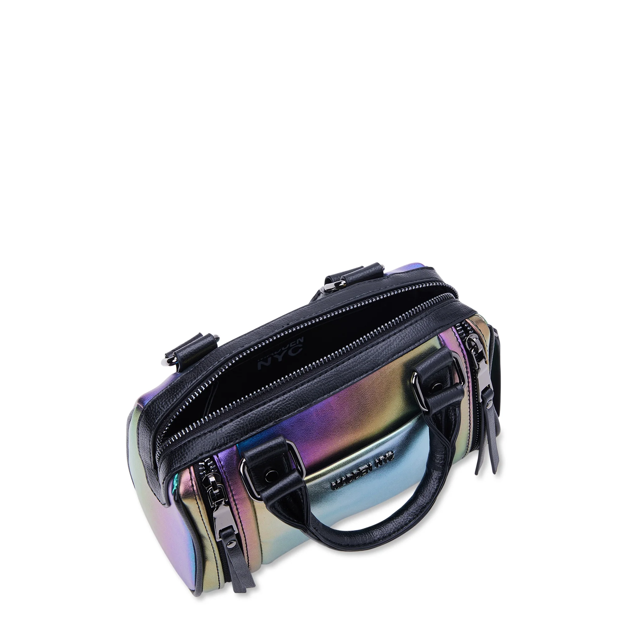 madden nyc women's multi zipper barrel handbag oil slick
