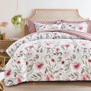 mainstays in a bag king size 7 pieces, blush pink and grey elegant flowers comforter bedding set for all season (1 comforter, 1 flat sheet, 1 fitted sheet, 2 pillow shams and 2 pillowcases)