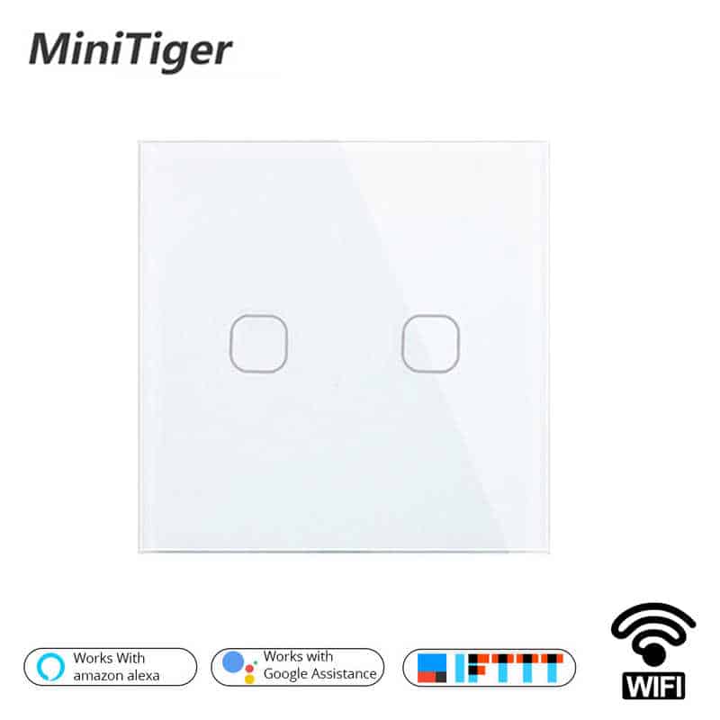 minitiger eu smart home wifi wall light touch switch 2 gang wifi/433 rf/app remote wifi light switch crystal glass panel color white