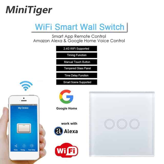 minitiger eu smart home wifi wall light touch switch 3 gang wifi/433 rf/app remote wifi light switch crystal glass panel