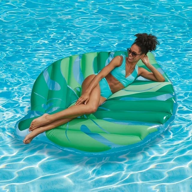 inflatable leaf pool float, green & blue print, for kids and adults, unisex