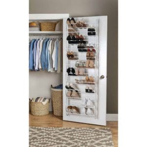 mainstays over the door shoe rack storage organizer 36 pair white, stores and organizes 36 pairs of shoes without taking up additional floor space number of compartments 12