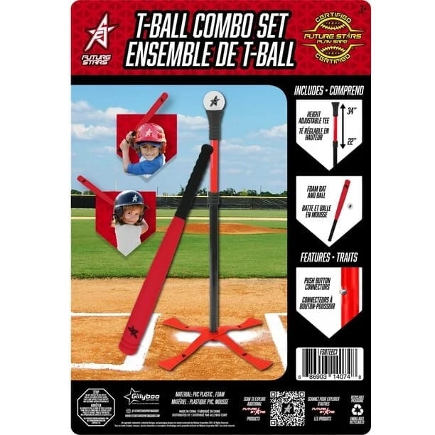 future stars tee ball combo set with height adjustable tee, 24" foam bat and foam baseball 3+, 3pc set